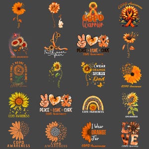 Puede incluir: Una colección de diseños de girasoles naranjas y amarillos con texto relacionado con la concienciación sobre la EPOC. Los diseños incluyen frases como "COPD Warrior", "Peace Love Cure" e "I Wear Orange For My Dad". También se presentan cintas y mariposas.
