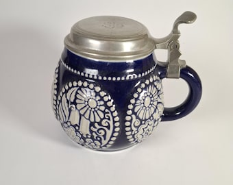 Vintage German Beer Stein with Pewter Lid – Blue Relief Ceramic Mug – Rustic Bavarian Style Tankard – Mid Century German Barware