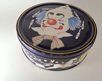 Vintage Deens circusbiscuitblik – clownontwerp van Mogens Hyllested – decoratieve opbergdoos jaren 90