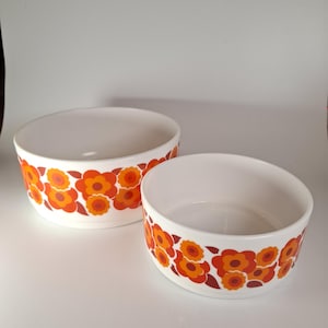 Può includere: Due ciotole in ceramica bianca con un motivo floreale retrò nei toni dell'arancione e del rosso. Le ciotole hanno un design semplice e rotondo, adatte per servire cibo o come elementi decorativi. Realizzate in ceramica.