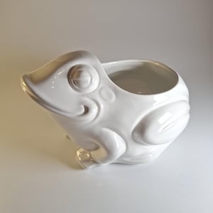 Può includere: Una fioriera a forma di rana in ceramica bianca. La fioriera ha una grande bocca aperta e un corpo rotondo. Gli occhi della rana sono grandi e rotondi e ha un design stravagante. La fioriera è adatta a piccole piante o piante grasse.