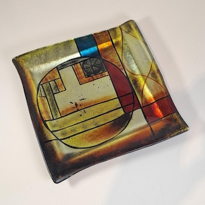 Ciotola vintage in vetro fuso – Piatto in vetro con arte geometrica astratta – Piatto centrotavola postmoderno