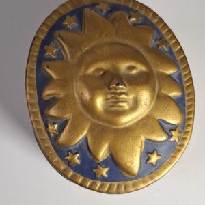 Vintage Celestial Keramikprydnadsask – Handmålad Sol, Stjärnor, Blått Guld Keramik