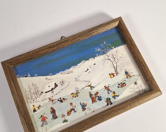 Vintage naïeve volkskunstprint | Retro ijsschaatsende kinderen, sneeuwlandschap (ingelijst)