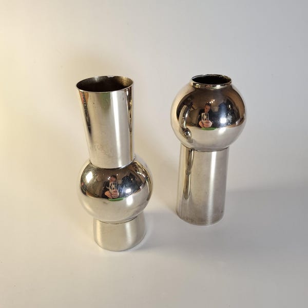 Vasi vintage Space Age, color argento cromato, arredamento moderno di metà secolo, set da 2
