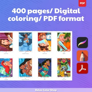 May include: Digital coloring book with 400 pages in PDF format. The image displays various illustrations of princesses, including Belle, Tiana, Cinderella, Ariel, Pocahontas, Jasmine, and others. The Relax Color Shop logo is at the bottom.