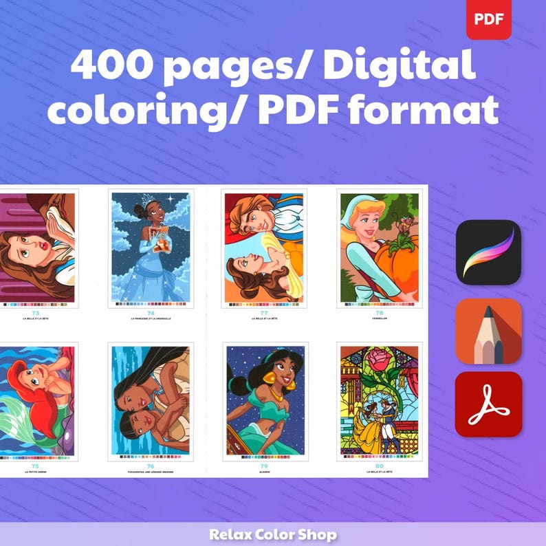 May include: Digital coloring book with 400 pages in PDF format. The image displays various illustrations of princesses, including Belle, Tiana, Cinderella, Ariel, Pocahontas, Jasmine, and others. The Relax Color Shop logo is at the bottom.