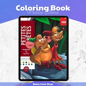 May include: A digital coloring book titled "Coloring Book Petites Betes" featuring cartoon mice. The image includes the text "Coloriages mystères" and "Art Therapie". The PDF download is available from Relax Color Shop.