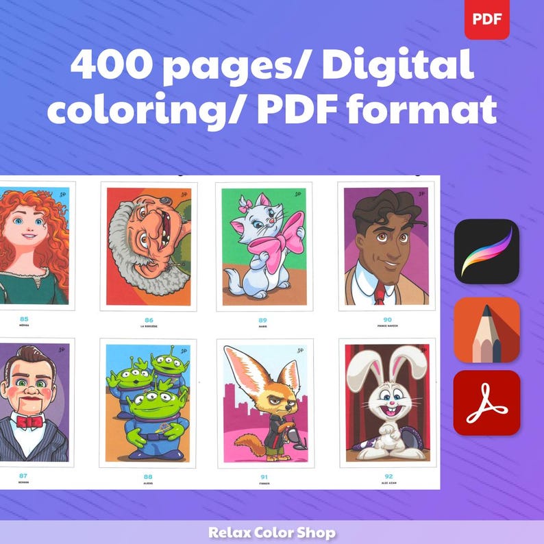 May include: Digital coloring book with 400 pages in PDF format. The image shows a collection of cartoon illustrations, including characters like a princess, a cat with a pink bow, and a bunny. The Relax Color Shop logo is at the bottom.