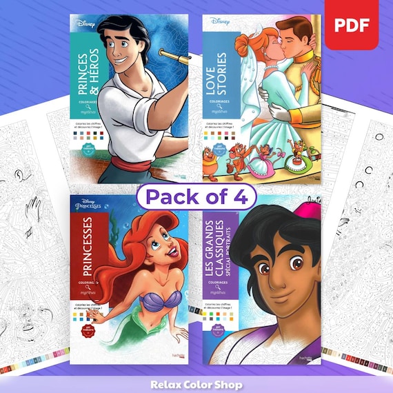 Pack of 4 Disney Coloring Books, Mystery Coloring, Digital Coloring Pages, 4 PDF Books, 400 Pages by Numbers, Relaxing and Calming Coloring