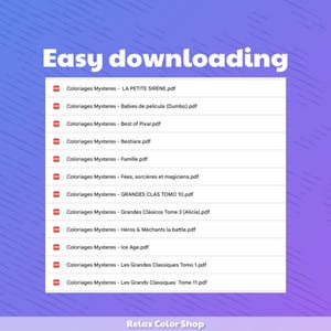 K&ouml;nnte beinhalten: Grafik f&uuml;r digitalen Download mit einem lila-blauen Farbverlauf im Hintergrund. Der Text "Easy downloading" steht oben. Darunter sind mehrere PDF-Dateinamen, darunter "LA PETITE SIR&Egrave;NE" und "Best of Pixar". Das Relax Color Shop-Logo befindet sich unten.