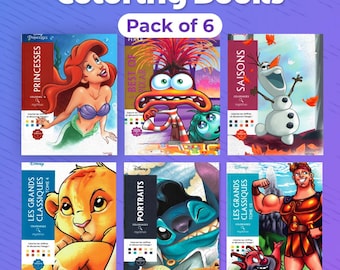 6er Pack Disney Malbücher, Mystery Malbücher, digitale Malseiten, 6 PDF-Bücher, 600 Seiten nach Zahlen, entspannendes und beruhigendes Malbuch