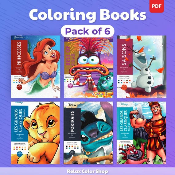 Pack of 6 Disney Coloring Books, Mystery Coloring, Digital Coloring Pages, 6 PDF Books, 600 Pages by Numbers, Relaxing and Calming Coloring