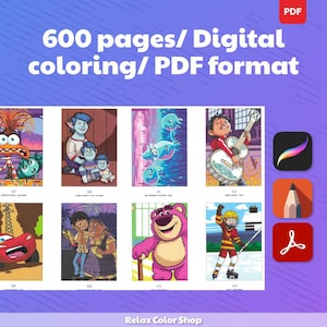 May include: Digital coloring book with 600 pages in PDF format. The image displays a variety of colorful illustrations, including characters from animated movies. The Relax Color Shop logo is at the bottom.