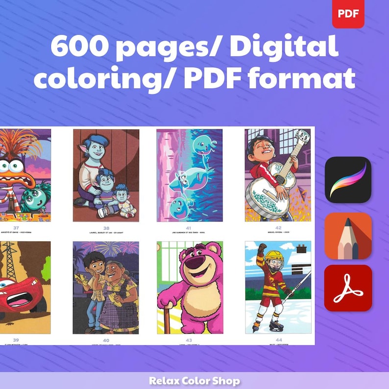 May include: Digital coloring book with 600 pages in PDF format. The image displays a variety of colorful illustrations, including characters from animated movies. The Relax Color Shop logo is at the bottom.