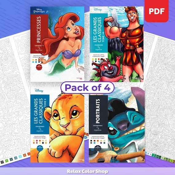 Pack of 4 Disney Coloring Books, Mystery Coloring, Digital Coloring Pages, 4 PDF Books, 400 Pages by Numbers, Relaxing Coloring on IPad