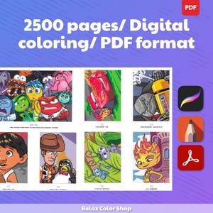 K&ouml;nnte beinhalten: Digitales Malbuch mit 2500 Seiten im PDF-Format. Das Bild zeigt verschiedene Cartoon-Illustrationen, darunter Charaktere aus beliebten Animationsfilmen. Das Relax Color Shop-Logo ist unten sichtbar. Das Bild enth&auml;lt auch App-Symbole.