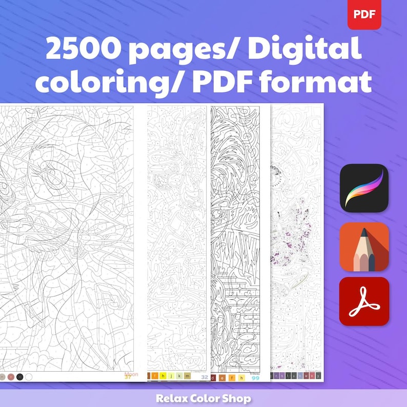 K&ouml;nnte beinhalten: Digitales Malbuch mit 2500 Seiten im PDF-Format. Das Bild zeigt mehrere detaillierte Schwarz-Wei&szlig;-Strichzeichnungen mit einer Farbpalette am unteren Rand. Der Text lautet "2500 Seiten/ Digitales Ausmalen/ PDF-Format".