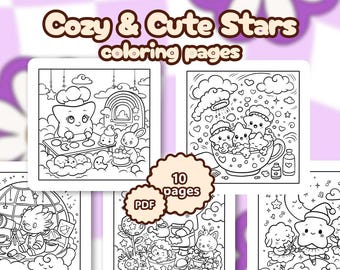 May include: Digital download of "Cozy & Cute Stars" coloring pages. The image shows several black and white illustrations of cute characters, including stars, in various scenes. The text "instant download" and "10 pages" are also visible.