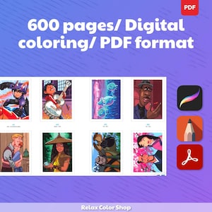 May include: Digital coloring book with 600 pages in PDF format. The image displays a variety of colorful illustrations, including characters and scenes. The images are numbered and include icons for digital art applications.