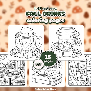 Cozy Fall Drinks Coloring Pages, 15 Bold and Easy Autumn Printables for Adults and Kids, Marker Friendly PDF