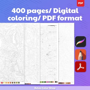 May include: Digital coloring book with 400 pages in PDF format. The image shows several pages with line art designs, along with app icons for Procreate, a pencil, and a PDF file. The text reads "400 pages/ Digital coloring/ PDF format."