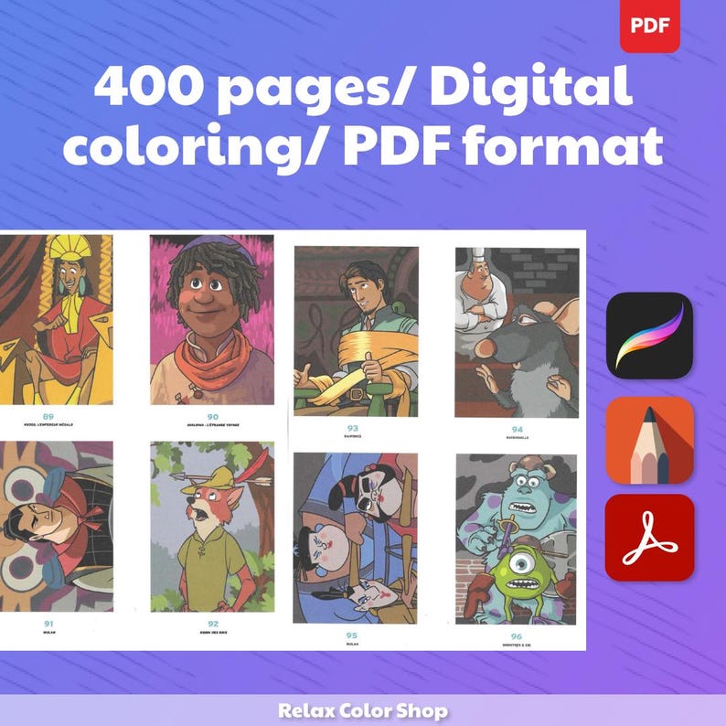 May include: Digital coloring book with 400 pages in PDF format. The image features colorful illustrations of various cartoon characters. The text on the image says "400 pages/ Digital coloring/ PDF format". The Relax Color Shop logo is at the bottom.