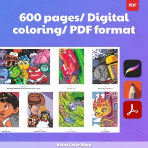 May include: Digital coloring book with 600 pages in PDF format. The image features colorful illustrations of various animated characters, including those from "Inside Out" and "Cars". The text on the image reads "600 pages/ Digital coloring/ PDF format".