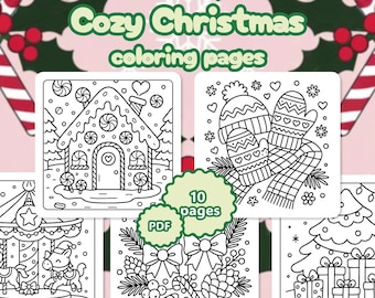 May include: A collection of Cozy Christmas coloring pages. The image features several square illustrations with festive themes, including a gingerbread house, mittens, and a Christmas tree. The text "Cozy Christmas coloring pages" is displayed at the top, with "10 pages" and "PDF" labels.
