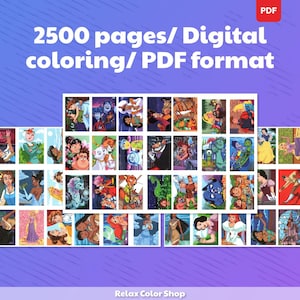 K&ouml;nnte beinhalten: Digitales Malbuch mit 2500 Seiten im PDF-Format. Das Bild zeigt ein Raster farbenfroher Illustrationen mit verschiedenen Charakteren. Der Text oben lautet "2500 Seiten/ Digitales Malen/ PDF-Format". Das Relax Color Shop-Logo befindet sich unten.