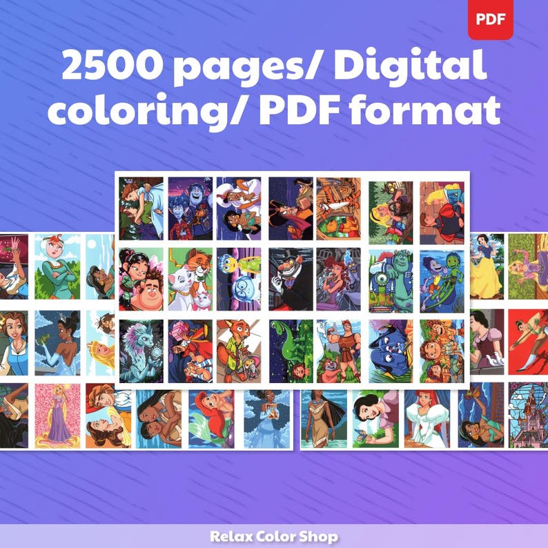 K&ouml;nnte beinhalten: Digitales Malbuch mit 2500 Seiten im PDF-Format. Das Bild zeigt ein Raster farbenfroher Illustrationen mit verschiedenen Charakteren. Der Text oben lautet "2500 Seiten/ Digitales Malen/ PDF-Format". Das Relax Color Shop-Logo befindet sich unten.