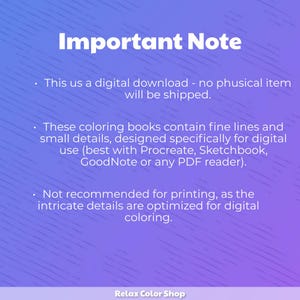 May include: A digital download notice on a purple and blue gradient background. The text states that no physical item will be shipped, and the coloring books are designed for digital use with fine lines and small details. The text also mentions the coloring books are not recommended for printing.