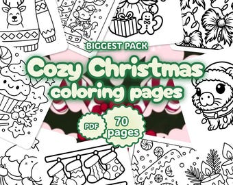 May include: A collection of black and white Christmas-themed coloring pages. The words "Cozy Christmas coloring pages" are displayed in green. The image includes illustrations of a reindeer sweater, Christmas tree, gnome, and other festive designs. The pack contains 70 pages.