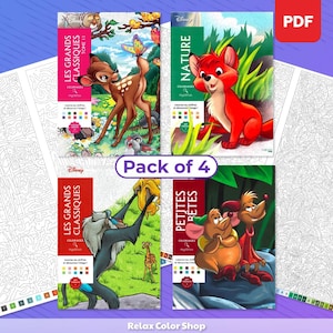 Peut inclure: Quatre livres de coloriage Disney avec des personnages classiques. Les couvertures présentent des illustrations de Bambi, d'un renard, de Rafiki du Roi Lion et de deux souris. Les livres sont étiquetés "Pack de 4" et proviennent de "Relax Color Shop".