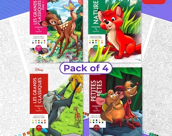 Pakket met 4 Disney-kleurboeken, mysteriekleuring, digitale kleurplaten, 4 pdf-boeken, 400 pagina's op nummer, ontspannend en rustgevend kleuren