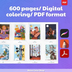 May include: Digital coloring book with 600 pages in PDF format. The image shows a collection of illustrations featuring cartoon characters. The text on the image says "600 pages/ Digital coloring/ PDF format."