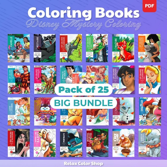Pack of 25 Disney Coloring Books, Mystery Coloring, Digital Coloring Pages, 25 PDF Books, Pages by Numbers, Relaxing and Calming Coloring