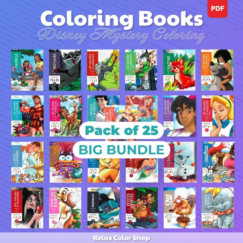 K&ouml;nnte beinhalten: Eine Sammlung von 25 Disney-Malb&uuml;chern. Die Cover zeigen verschiedene Charaktere und Szenen aus Disney-Filmen. Der Text auf dem Bild lautet "Coloring Books Disney Mystery Coloring" und "Pack of 25 BIG BUNDLE".