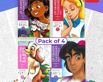 4er Pack Disney Malbücher, Mystery Malbücher für Erwachsene, digitale Malseiten, 4 PDF-Bücher, 400 Seiten nach Zahlen, Procreate Färbung