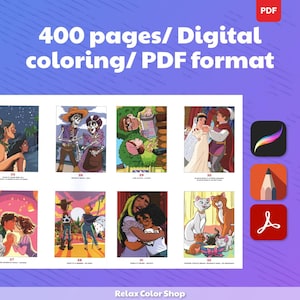 May include: Digital coloring book with 400 pages in PDF format. The image displays various illustrations, including couples, skeletons, and characters from animated films. The text "Relax Color Shop" is at the bottom.