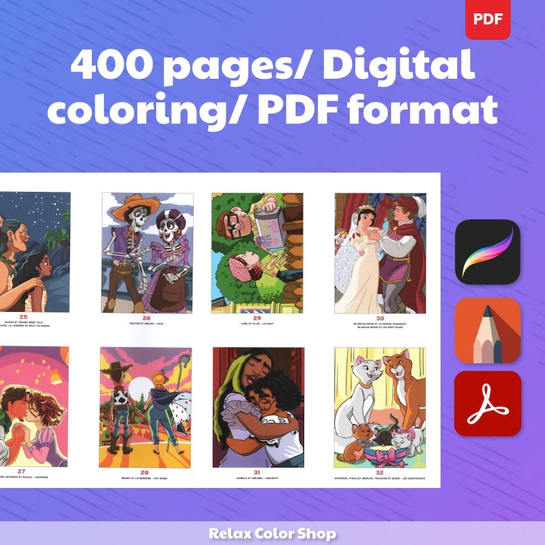 May include: Digital coloring book with 400 pages in PDF format. The image displays various illustrations, including couples, skeletons, and characters from animated films. The text "Relax Color Shop" is at the bottom.