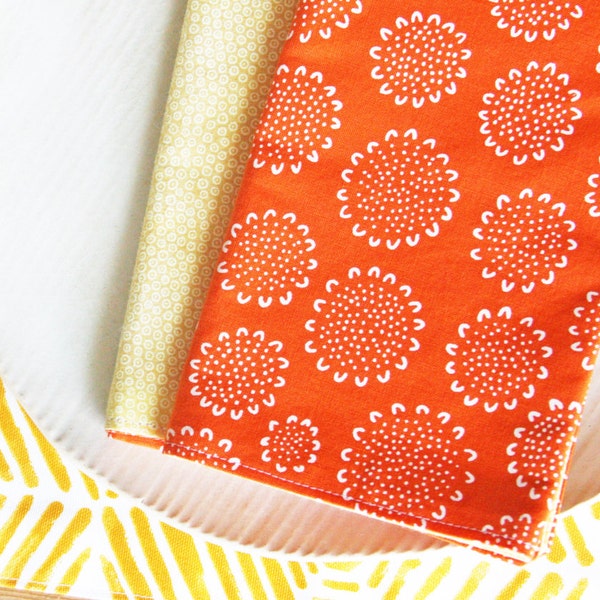 Orange with Flowers - Set of 4 Dinner Size Napkins with Yellow Reverse Side
