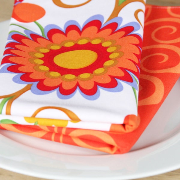 Cloth Napkins -  Floral with Orange Squiggle - Set of 4 Reversible Cloth