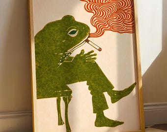Frog Smoking Cigarette Poster: Vintage Whimsical Bar Cart Decor, Quirky Kitchen Print