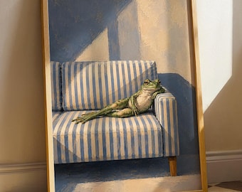 Sleepy Frog Wall Art: Blue Striped Couch, Minimalist Cozy Decor