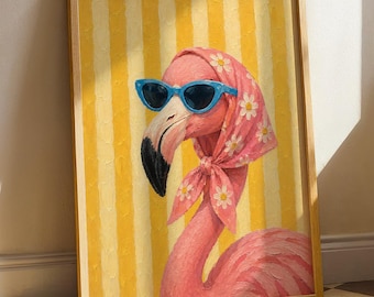 Retro Flamingo Wall Art: Pink Fashion Print, Vintage Animal Poster, Summer Pop Art Decor