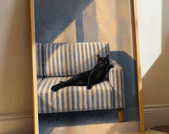 Black Cat Wall Art Print: Minimalist Vintage Cat Poster, Cozy Blue Couch Decor