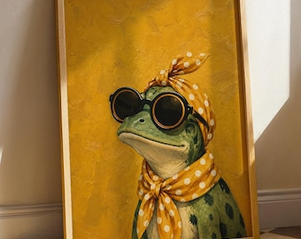 Frog With Sunglasses Scarf Poster: Vintage Animal Wall Art, Funny Maximalist Home Decor