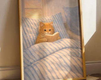 Cat Reading Wall Art Poster: Reading Nook Decor Print, Cottagecore Book Lover Gift