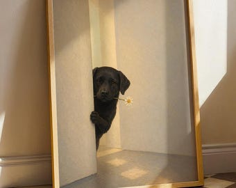 Black Labrador Wall Art: Peeking Dog Print with Daisy, Whimsical Dog Lover Gift